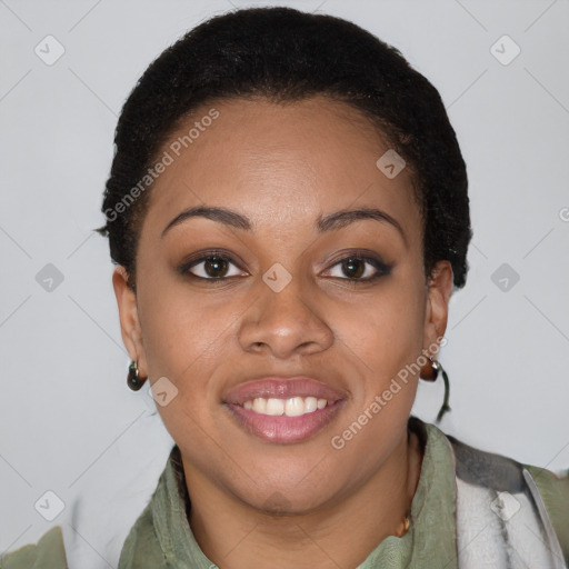 Joyful black young-adult female with short  brown hair and brown eyes