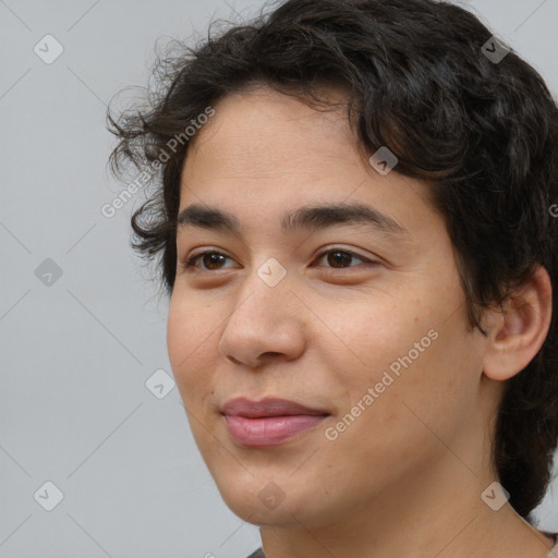 Joyful white young-adult male with medium  brown hair and brown eyes