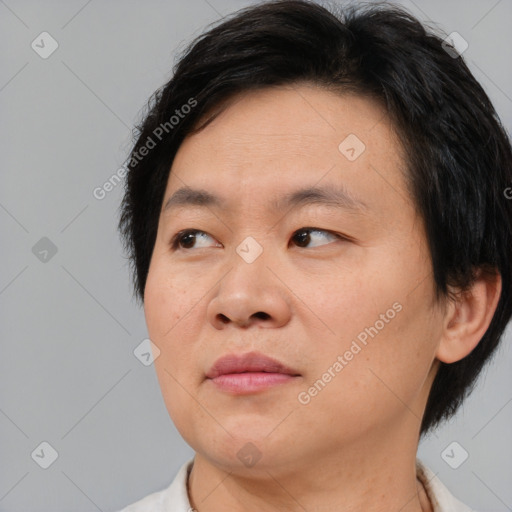 Neutral asian young-adult male with short  brown hair and brown eyes