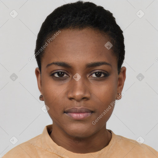 Neutral black young-adult female with short  black hair and brown eyes