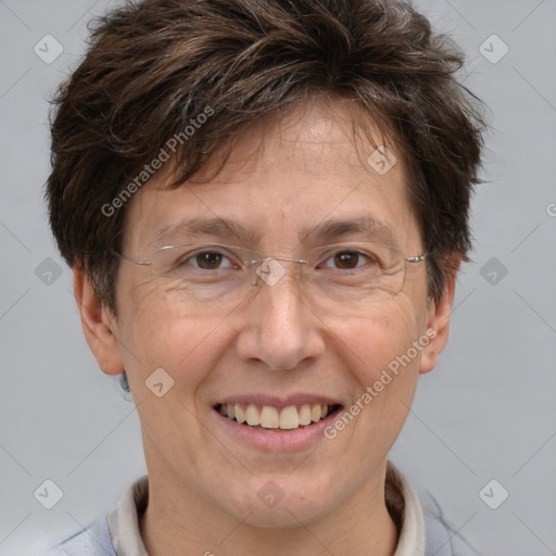 Joyful white adult female with short  brown hair and brown eyes