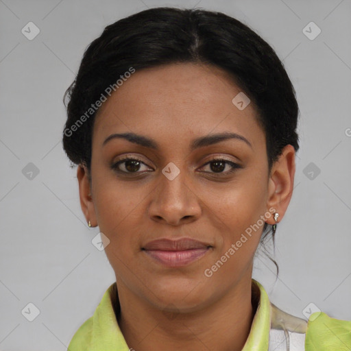 Joyful latino young-adult female with short  black hair and brown eyes