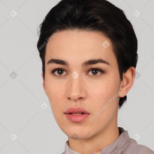 Neutral asian young-adult female with short  black hair and brown eyes