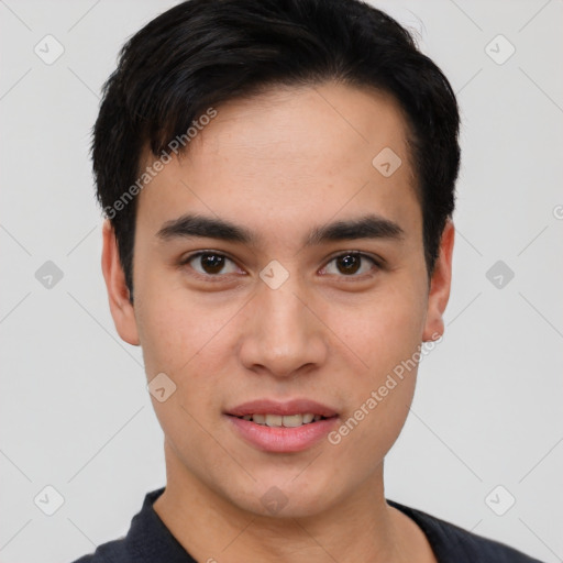 Joyful asian young-adult male with short  brown hair and brown eyes