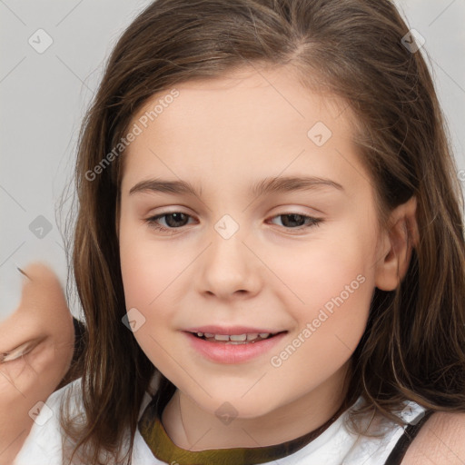 Joyful white child female with medium  brown hair and brown eyes