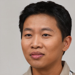 Joyful asian adult male with short  black hair and brown eyes