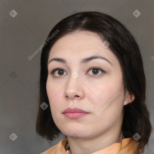 Neutral white young-adult female with medium  brown hair and brown eyes