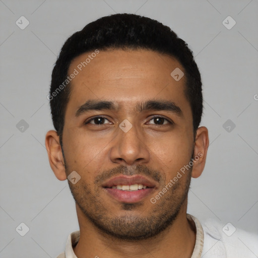 Neutral latino young-adult male with short  black hair and brown eyes