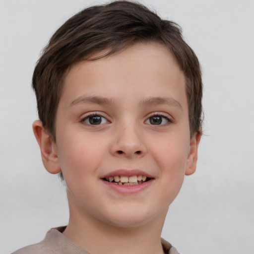 Joyful white child female with short  brown hair and brown eyes