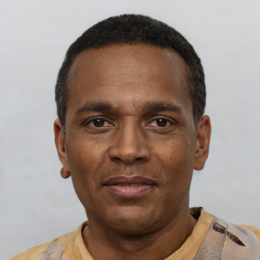 Neutral latino adult male with short  black hair and brown eyes