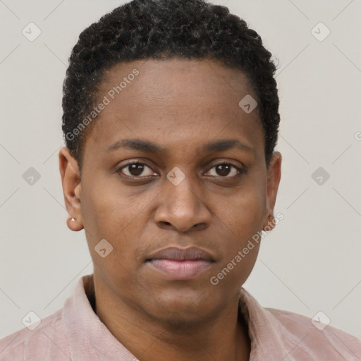 Neutral black young-adult female with short  black hair and brown eyes