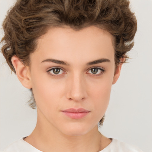 Neutral white young-adult female with short  brown hair and brown eyes