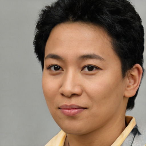 Joyful asian young-adult female with short  brown hair and brown eyes