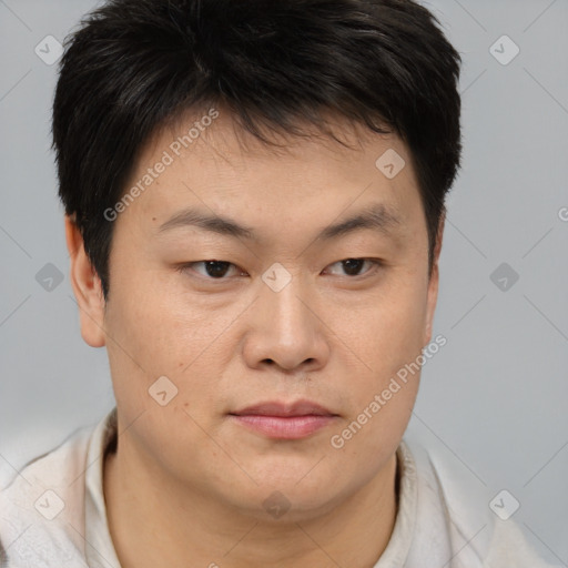 Neutral asian young-adult male with short  brown hair and brown eyes