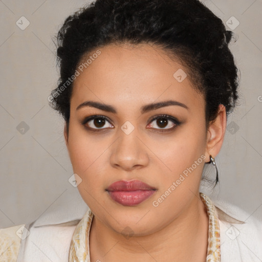 Joyful latino young-adult female with medium  black hair and brown eyes