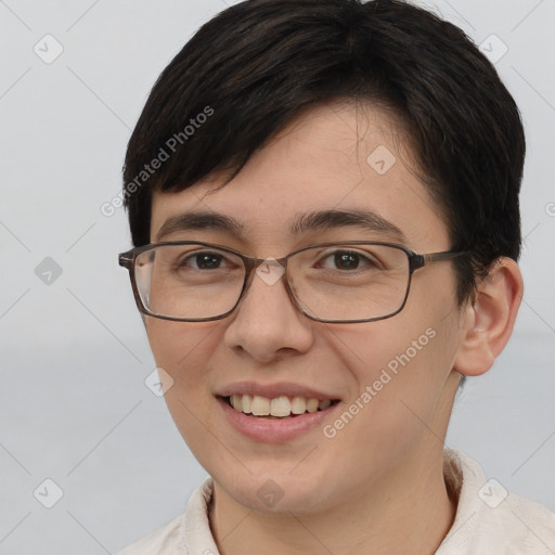 Joyful white young-adult female with short  brown hair and brown eyes