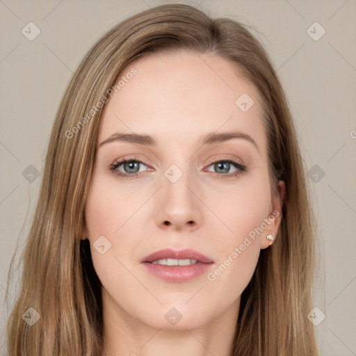 Neutral white young-adult female with long  brown hair and grey eyes