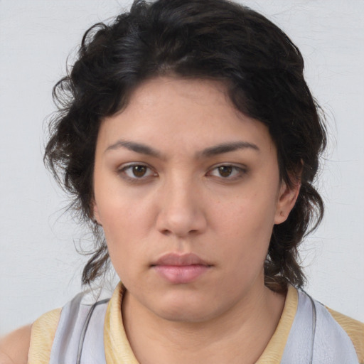 Neutral asian young-adult female with medium  brown hair and brown eyes