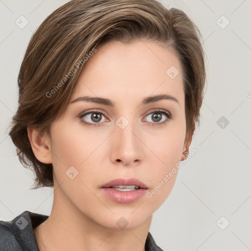 Neutral white young-adult female with medium  brown hair and brown eyes