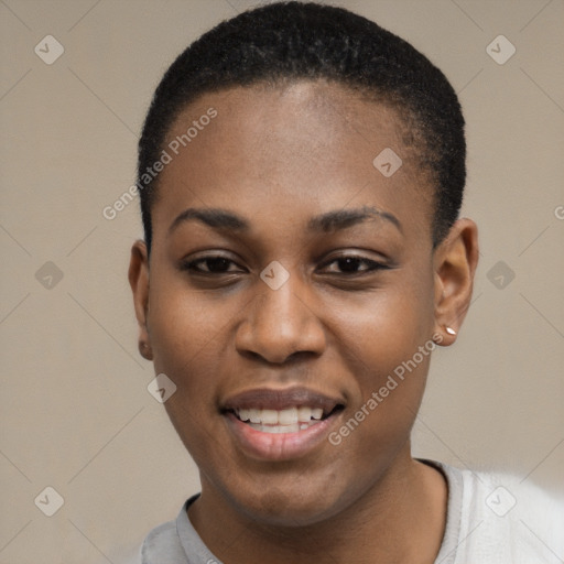 Joyful black young-adult female with short  black hair and brown eyes