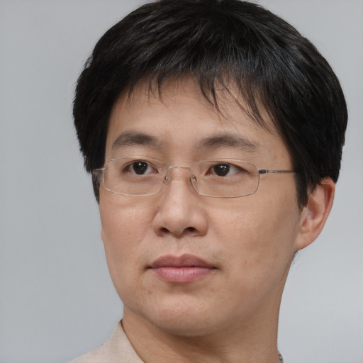 Joyful asian adult male with short  brown hair and brown eyes