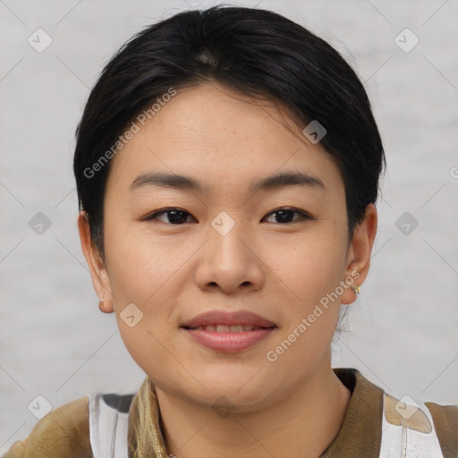 Joyful asian young-adult female with short  brown hair and brown eyes