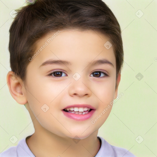 Joyful white child female with short  brown hair and brown eyes