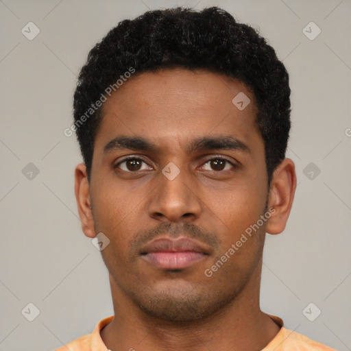 Neutral latino young-adult male with short  black hair and brown eyes
