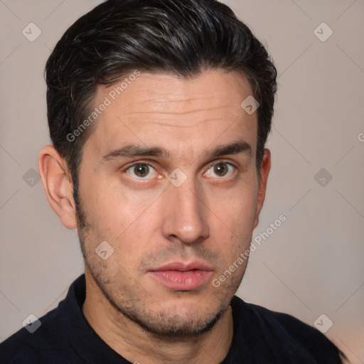 Neutral white adult male with short  brown hair and brown eyes