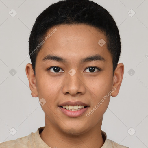Joyful latino young-adult male with short  black hair and brown eyes