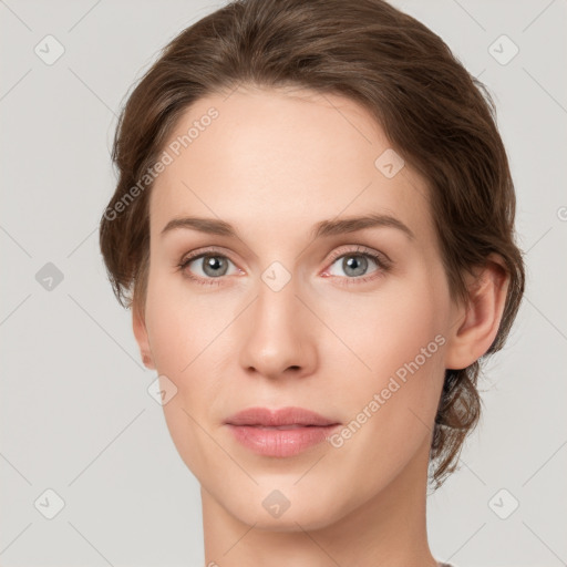 Neutral white young-adult female with medium  brown hair and green eyes