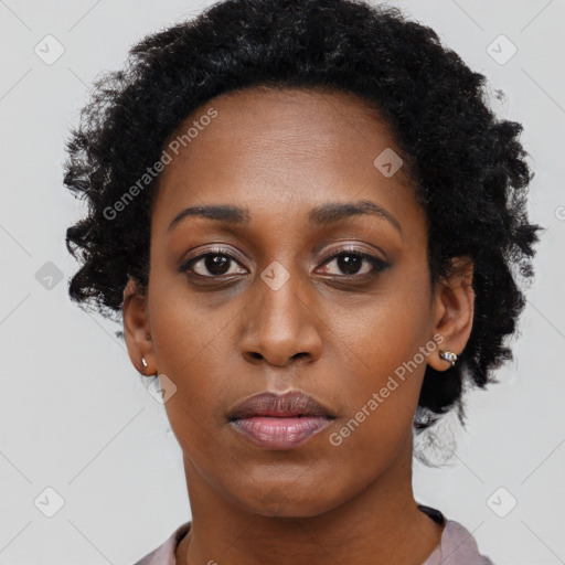 Neutral black young-adult female with short  black hair and brown eyes