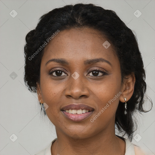 Joyful black young-adult female with medium  black hair and brown eyes