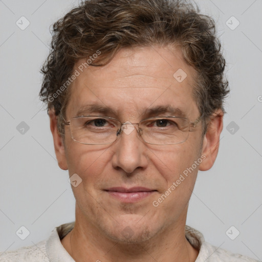 Joyful white middle-aged male with short  brown hair and brown eyes