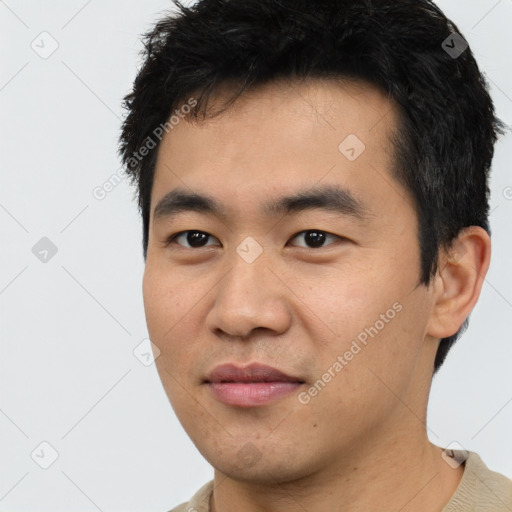 Neutral asian young-adult male with short  black hair and brown eyes