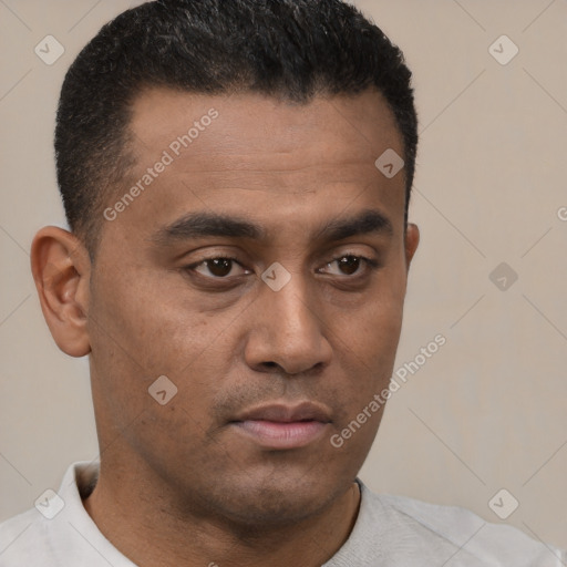 Neutral latino young-adult male with short  brown hair and brown eyes