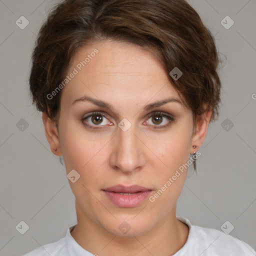 Neutral white young-adult female with short  brown hair and brown eyes