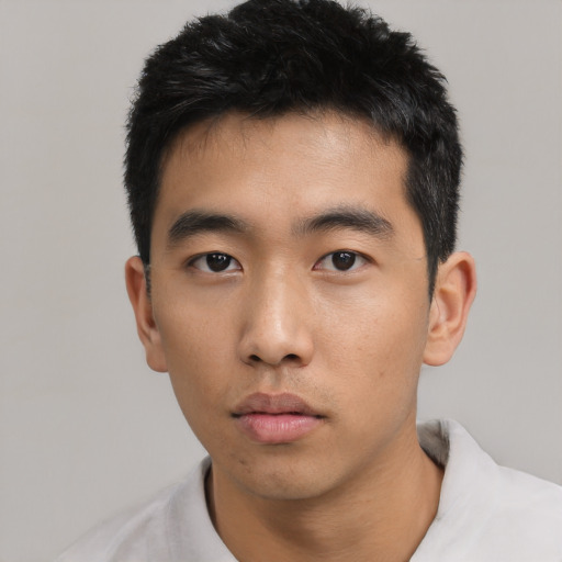 Neutral asian young-adult male with short  black hair and brown eyes