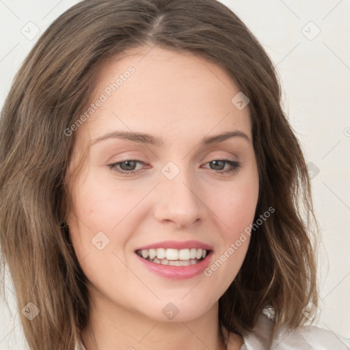 Joyful white young-adult female with medium  brown hair and green eyes