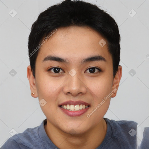 Joyful asian young-adult male with short  black hair and brown eyes