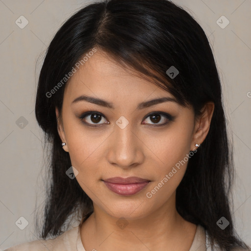 Joyful latino young-adult female with medium  black hair and brown eyes