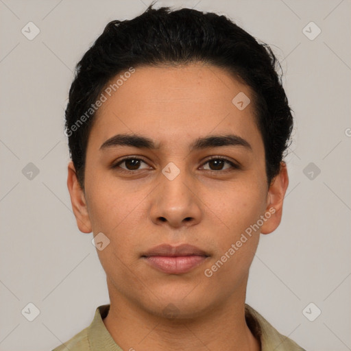 Neutral latino young-adult male with short  black hair and brown eyes