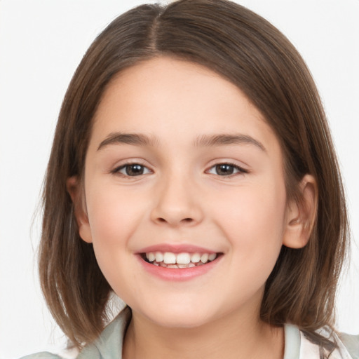 Joyful white child female with medium  brown hair and brown eyes