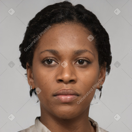 Neutral black young-adult female with short  brown hair and brown eyes