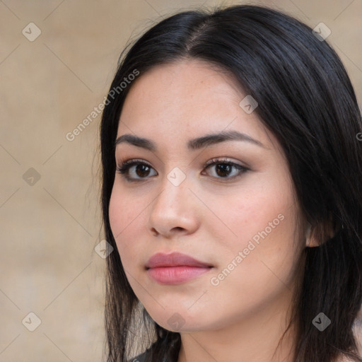 Neutral white young-adult female with long  black hair and brown eyes