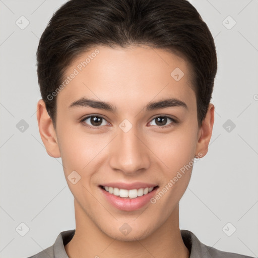 Joyful white young-adult female with short  brown hair and brown eyes