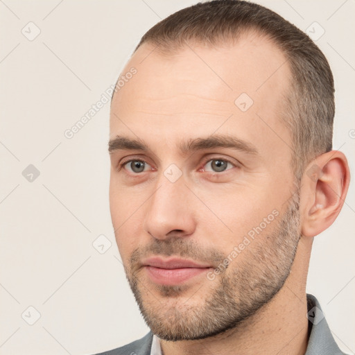 Neutral white young-adult male with short  brown hair and brown eyes