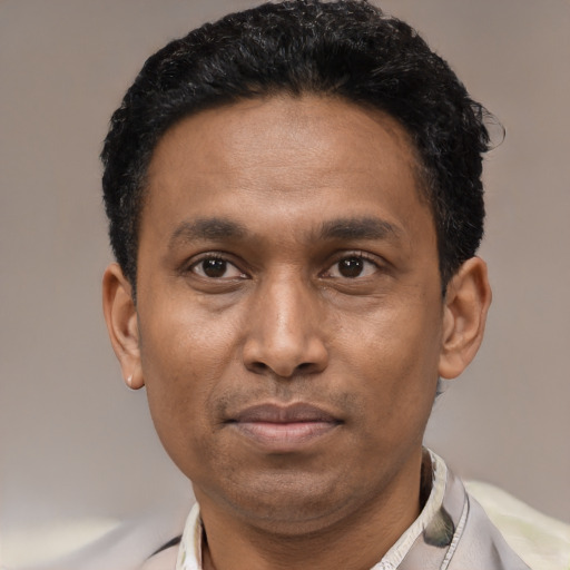 Joyful latino adult male with short  black hair and brown eyes