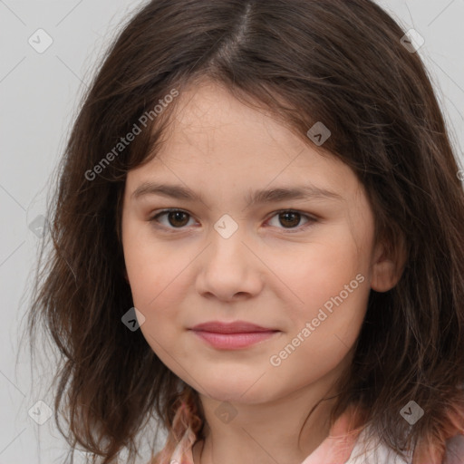 Joyful white child female with medium  brown hair and brown eyes