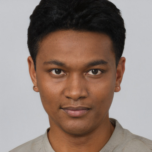 Neutral black young-adult male with short  black hair and brown eyes